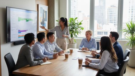 Staff reviewing things around a table Staff reviewing things around a table