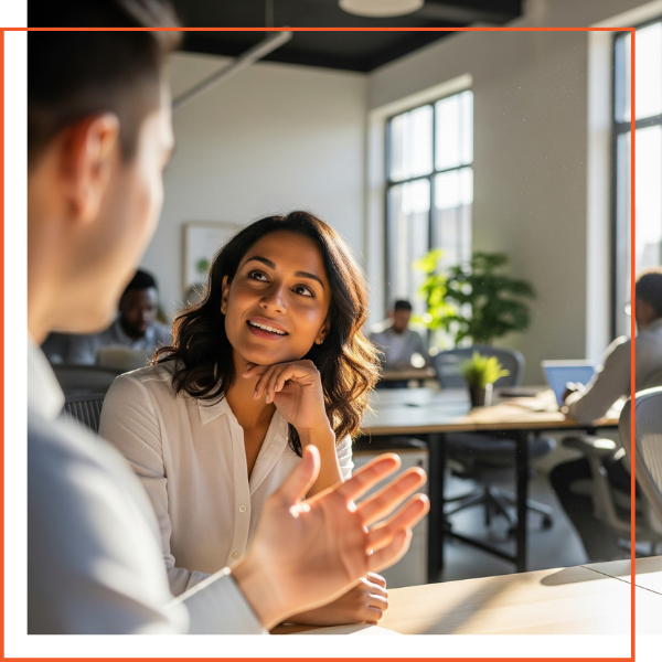 A professional woman listens intently to her colleague during a conversation. A professional woman listens intently to her colleague during a conversation.