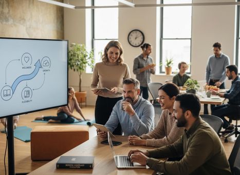 A diverse team of professionals smiles while collaborating in a modern office with a wellness and growth diagram on a large screen. Diverse Team Collaborating in Modern Flexible Office
