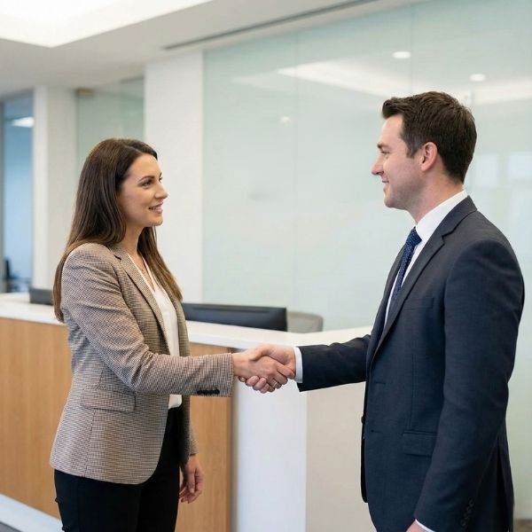 recruiter and a man in a suit shaking hands in a modern office lobby