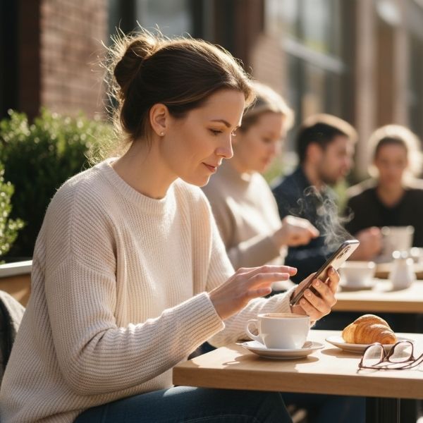 woman checking her phone while at a cafe