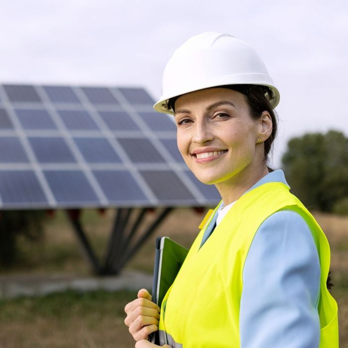 A smiling woman in a white hard hat and high-visibility yellow safety vest standing in front of a large outdoor solar panel array.