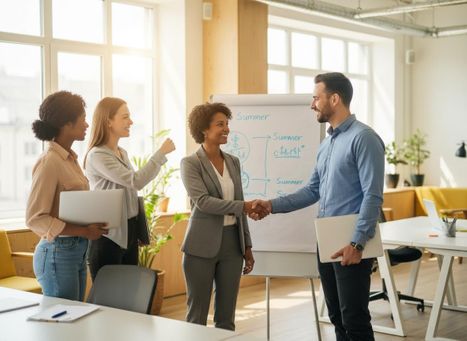 A professional woman and man shake hands in a bright office, with two smiling female colleagues watching. Whiteboard in background. Diverse Business Team Shaking Hands in Modern Office