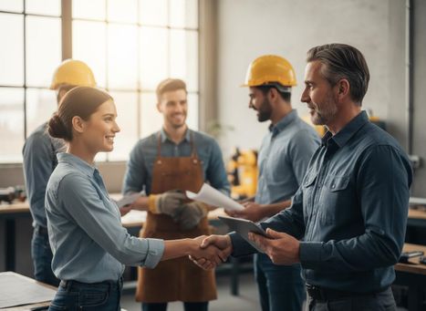 Professionals Shaking Hands in a Workshop