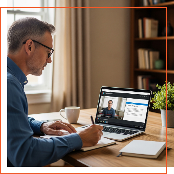 A professional man participating in a video conference for continuing education. A professional man participating in a video conference for continuing education.