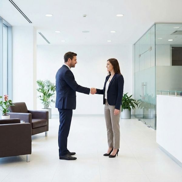 A professional recruiter greeting a potential candidate in an office setting.