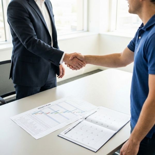 handshake between two men—one in a suit, one in a polo—over a project plan document