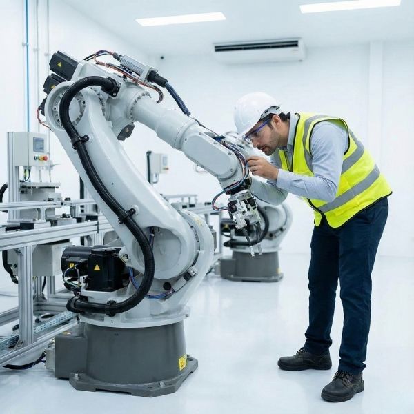 An engineer inspecting automated machinery on a manufacturing floor.