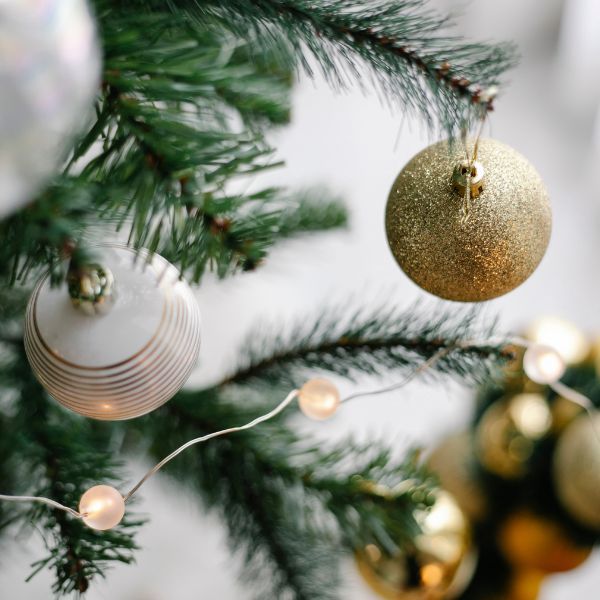 close view of christmas tree with white and gold ornaments close view of christmas tree with white and gold ornaments