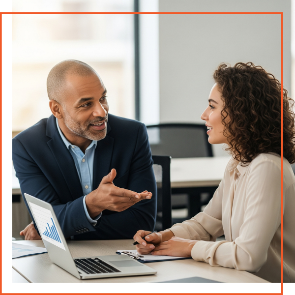 Two colleagues in a professional setting, one offering constructive feedback to the other in a supportive and encouraging manner. Two colleagues in a professional setting, one offering constructive feedback to the other in a supportive and encouraging manner.