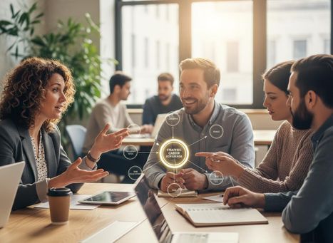 A diverse group of business professionals in a modern office, engaged in a discussion about strategic career advantage. Business professionals discussing strategic career advantage with a graphic overlay
