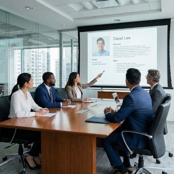 group of professionals in a conference room, discussing a candidate's profile projected on a large screen