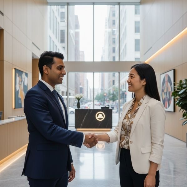 Two people shaking hands in the lobby of a business