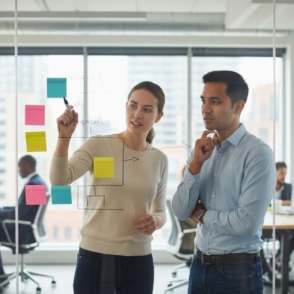 Two people looking at a white board with sticky notes