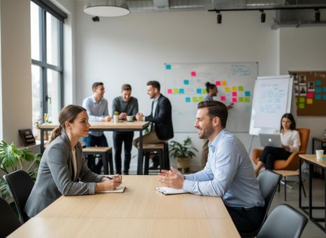 A man and a woman in business attire chat at a table in a modern, open-plan office with other colleagues working in the background. Business Professionals in Open Office Meeting