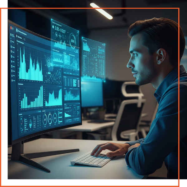 A business professional analyzing complex data on a futuristic digital interface. A business professional analyzing complex data on a futuristic digital interface.