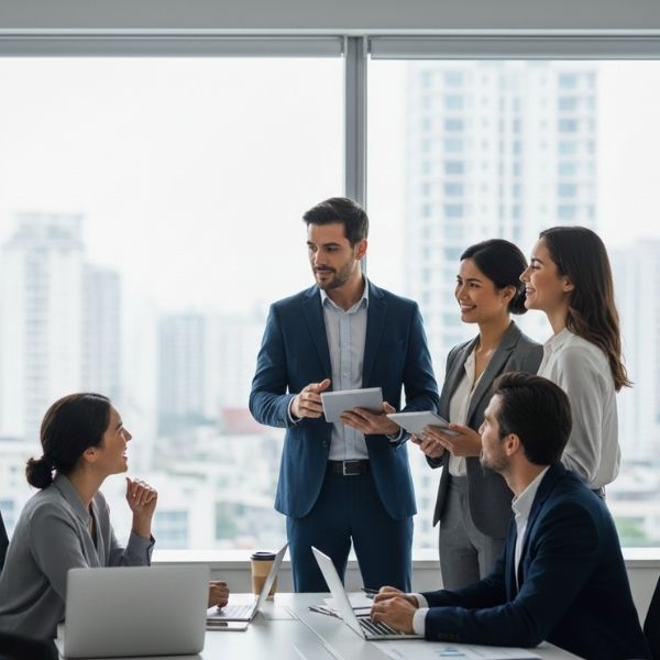 Two people holding tablets while the group has a large discussion