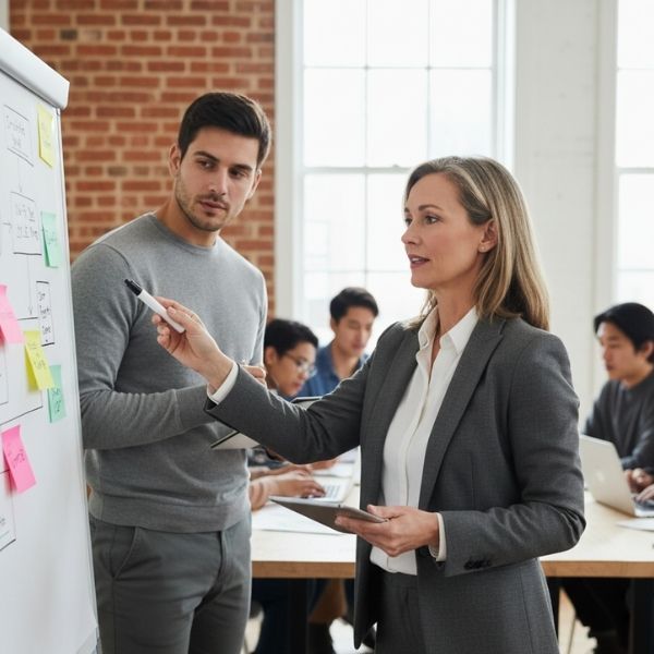 Manager and employee reviewing a strategy