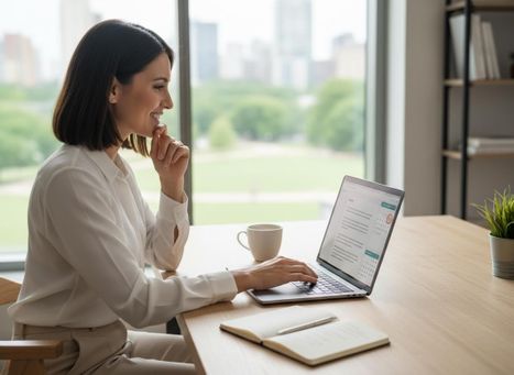 Smiling Woman Working on Laptop at Desk with City View