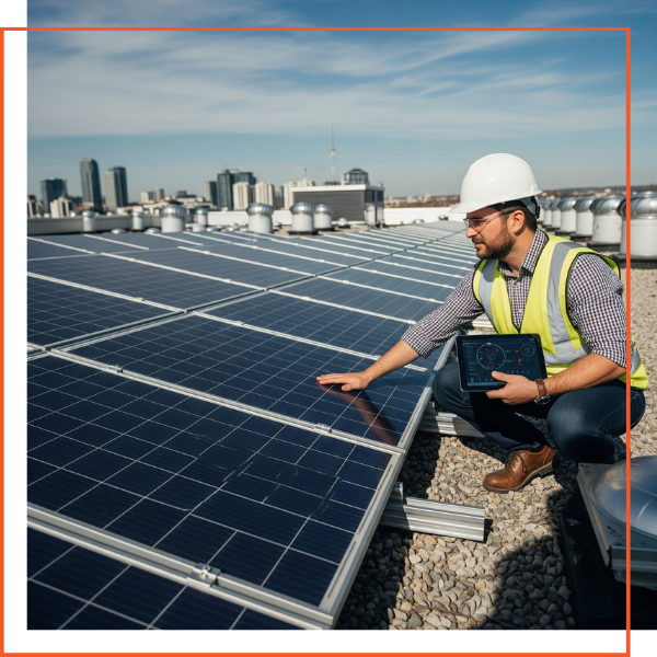 An engineer inspecting solar panel installations on a commercial building's roof. An engineer inspecting solar panel installations on a commercial building's roof.