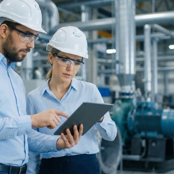 Two colleagues reviewing data on a tablet in an industrial setting.