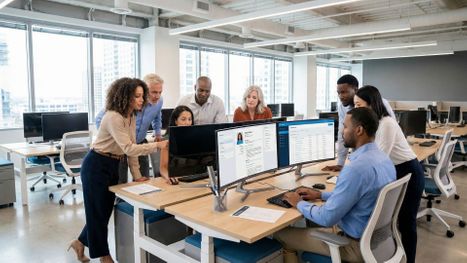 professionals in a modern office setting, collaboratively reviewing digital resumes on large monitors professionals in a modern office setting, collaboratively reviewing digital resumes on large monitors