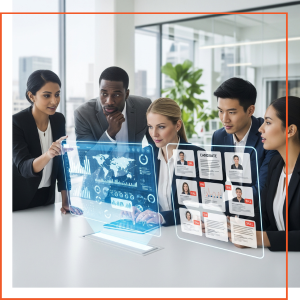 A diverse team of professionals in a modern office collaborating around a holographic interface displaying data and candidate profiles, representing KCM Tech's innovative talent acquisition strategy. A diverse team of professionals in a modern office collaborating around a holographic interface displaying data and candidate profiles, representing KCM Tech's innovative talent acquisition strategy.
