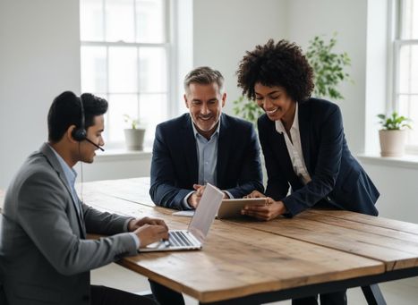 Three smiling business professionals collaborating in a modern office.