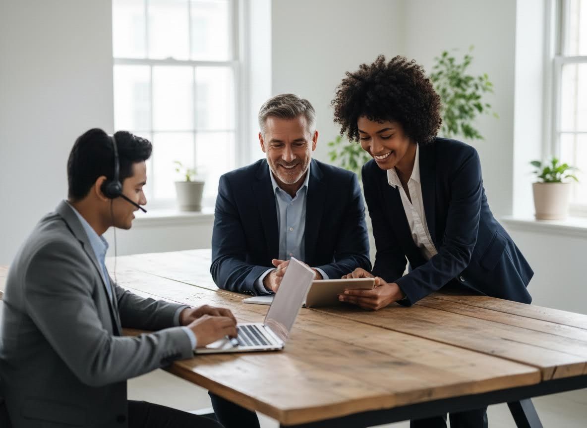 Three smiling business professionals collaborating in a modern office.
