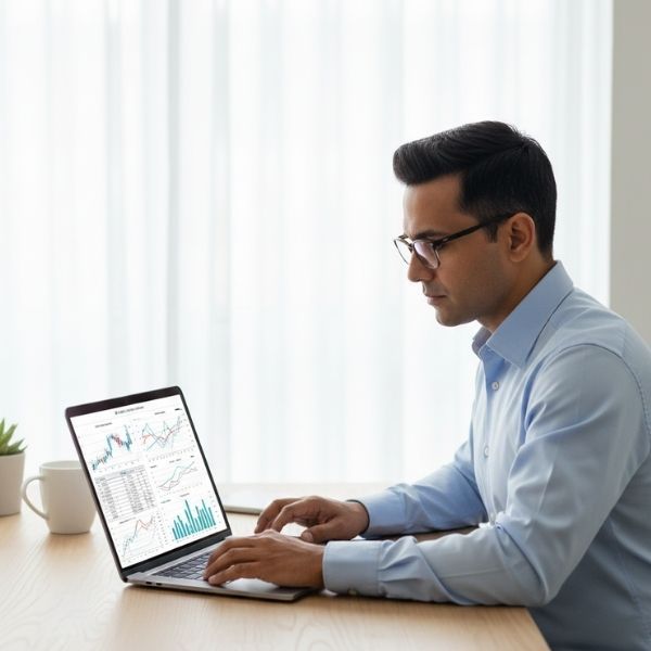 Man looking at multiple data graphs