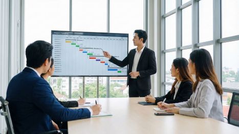 A project manager presenting a timeline to a team in a modern office. A project manager presenting a timeline to a team in a modern office.