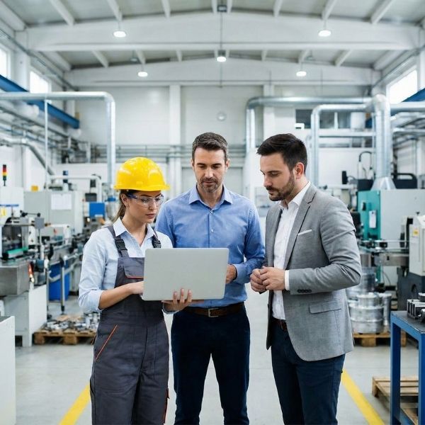 professionals collaborating around a laptop on a busy factory floor