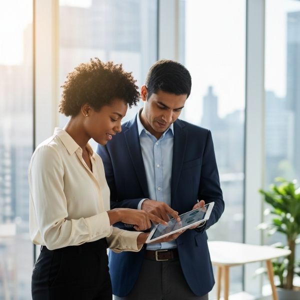 Two people looking at a tablet in a business setting
