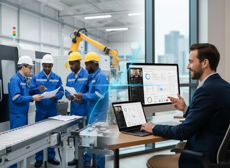 Factory workers in hard hats review plans on the production floor, while a remote manager monitors production data on computer screens. Digital Integration of Manufacturing and Remote Operations Management