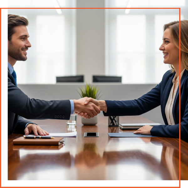 Two professionals shaking hands, symbolizing successful conflict resolution in a high-stakes work environment.