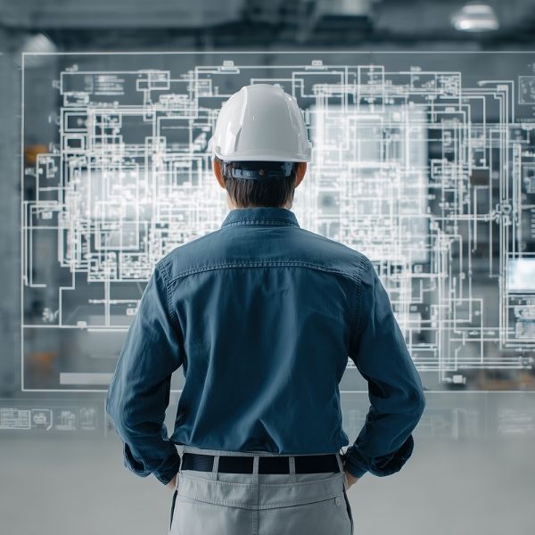 Construction contractor's back looking at transparent blueprints