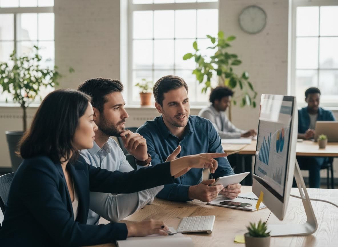 Business Team Analyzing Data on Monitor