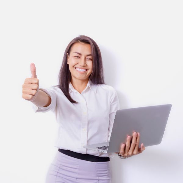 A women holding a laptop giving a thumbs up