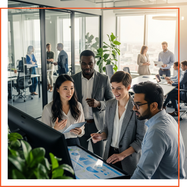 A diverse team of professionals in a modern office engaged in a productive and collaborative discussion. A diverse team of professionals in a modern office engaged in a productive and collaborative discussion.