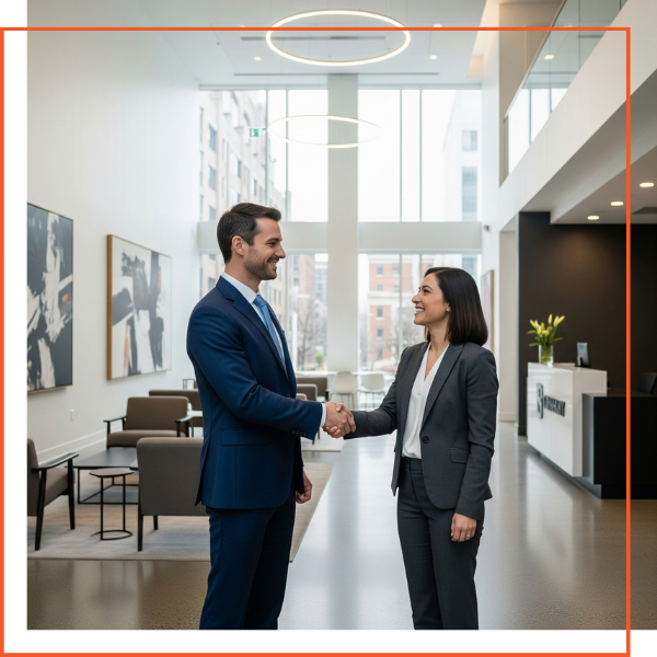 A firm, friendly handshake between two diverse professionals seals an agreement.