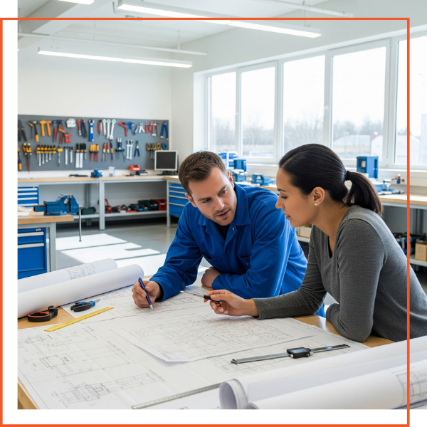 Two engineers in a focused discussion over technical plans in a workshop. Two engineers in a focused discussion over technical plans in a workshop.