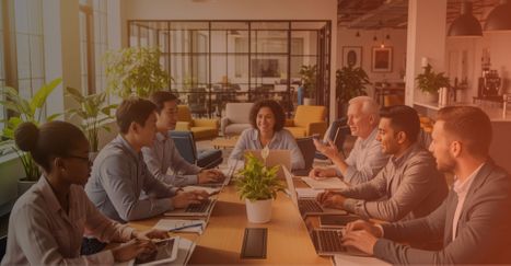 A diverse group of professionals working together on a project in a modern office.