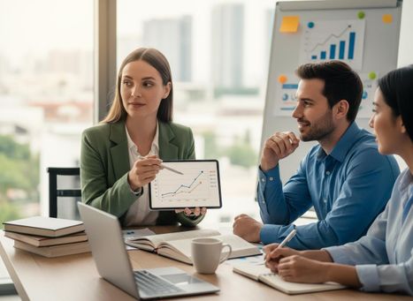 A businesswoman presents sales growth charts on a tablet to two colleagues during a meeting in a modern office setting. Business Team Analyzing Data on Tablet