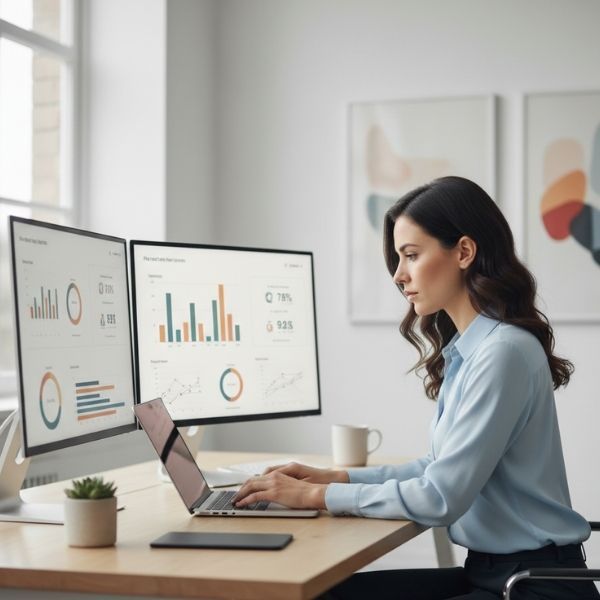 Woman working on multiple computer screens 