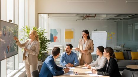 Team reviewing a strategy in a shared area Team reviewing a strategy in a shared area