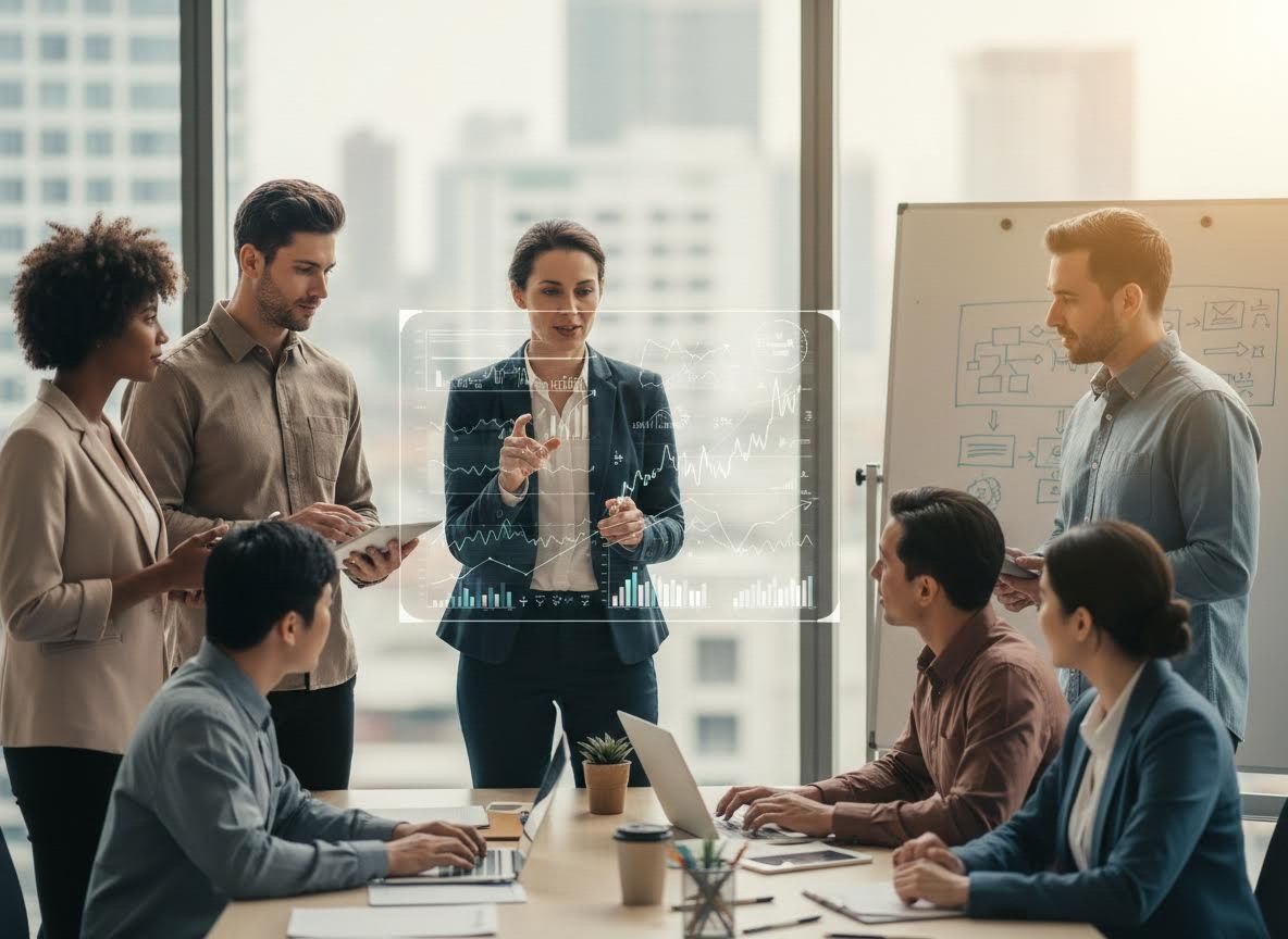 Businesswoman Leading a Modern Presentation with Holographic Data
