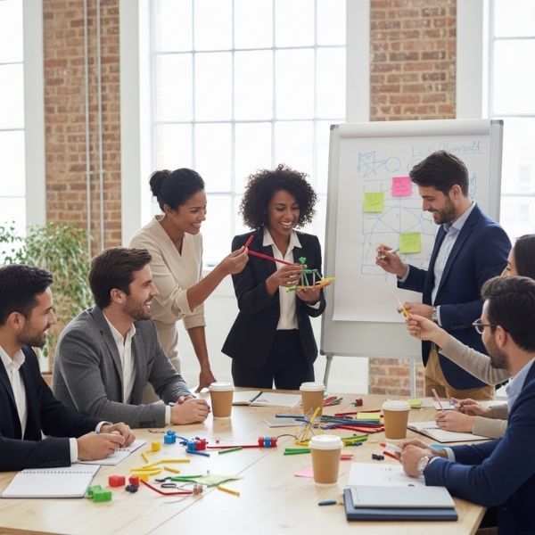 Team with lots of items on a table showing a prototype