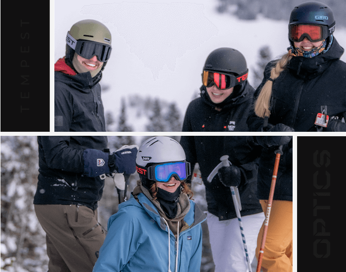 group of happy skiers wearing tempest optics goggles