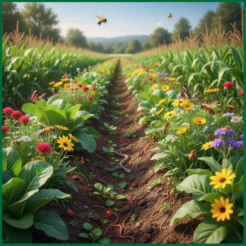 A vibrant, diverse field shows rows of various crops interspersed with colorful wildflowers, attracting bees, butterflies, and other beneficial insects.