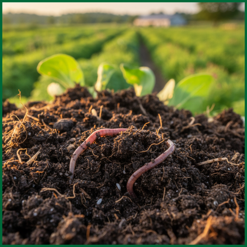 Worm in healthy soil in front of farming crops